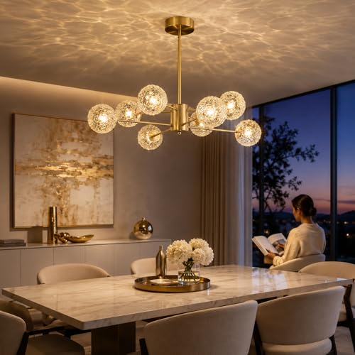 Image of Mid Century 8-Light Chandelier,Modern Glass chandliers for Dining Room,Gold Sputnik Chandelier Pendant Light fixtures for Living Room,Kitchen Island,Bedroom
