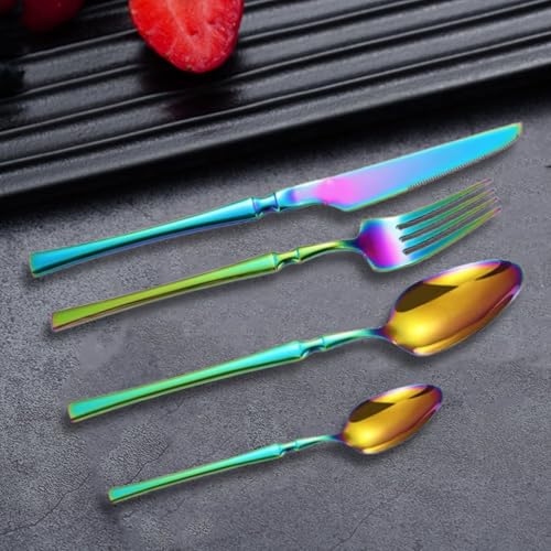 Image of aDai Rainbow Silverware Set | Satin Finish 16-Piece Korean Vintage Style Flatware Set | Dishwasher Safe Stainless Steel Cutlery for Home, Restaurant & Gifting