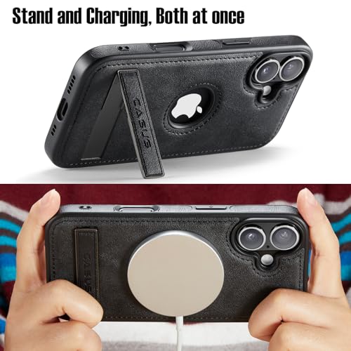 Image of Casus for iPhone 17 Case with MagSafe, Slim Kickstand Vegan Leather Protective Cover with Tempered Glass Screen Protector, 6.3 Inch (2025), Black
