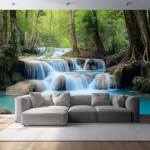 Carta da parati panoramica Cascata Naturale Giungla 350 x 256 cm Carta da parati murale in seta personalizzata per la decorazione della parete del soggiorno e della camera da letto Blu