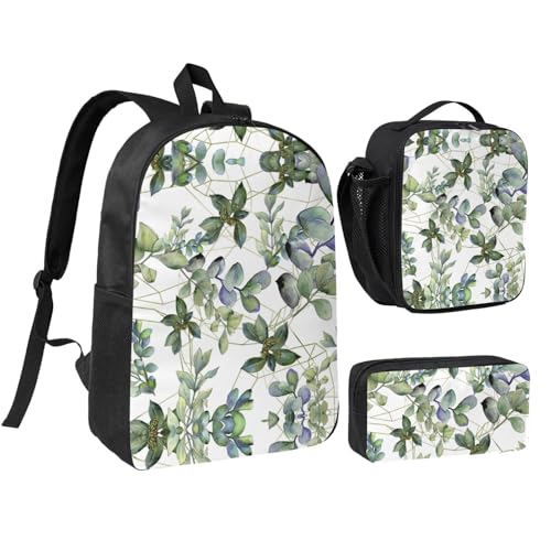 Sac à dos imprimé feuilles d'eucalyptus vert avec sac à déjeuner et trousse