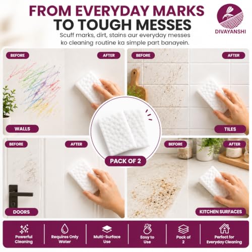 Image of Divayanshi Magic Eraser Sponge Pack of 2 | Powerful Stain Remover with Just Water | No Scratch Multi-Surface Cleaning Sponge for Kitchen, Bathroom, Walls, Shoes & Switchboards