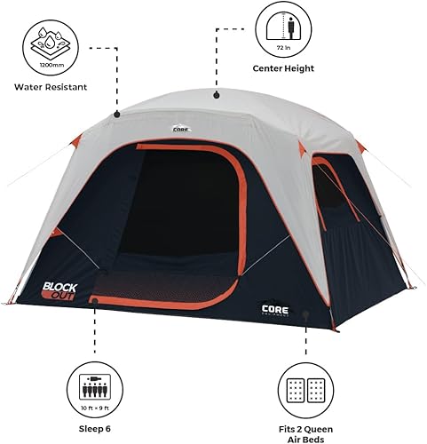 Miniatura 4 de CORE Blackout 6 Person & 9 Person Dome Tent  Best Car Camping Outdoor Family Camp Tent  Included Storage Pockets for Camping Accessories  Portable