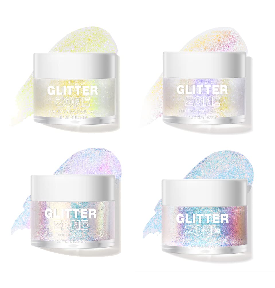 Body Glitter, Joyeee 4pcs Singer Concerts Face Glitter Gel,Mermaid Sequins Face Paint Eye Hair Chunky Festival Rave Accessories Makeup,Halloween Sparkling Body Glitter Gel for Women Kids,50ml A01