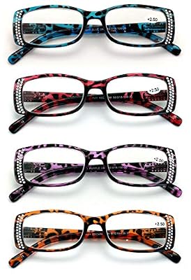 V.W.E. 4 Pairs of Women Rectangular Rhinestones Reading Glasses - Fashion Leopard Clear Lens Readers Demi Tortoise (4 Assorted, 1.75)