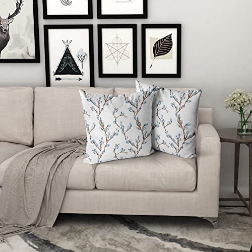 Grey Teal Leaf Pillow Covers 18X18 Inch Brown Blue Gray Watercolor Spring Leaves Floral Print Decorative Throw Pillow For Home Sofa Cotton Modern Square Cushion Pillowscase, Set Of 2 #TOP3