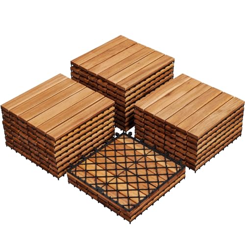 Yaheetech Caillebotis Bois Exterieur 27 PCS, Dalles de Terrasse en Bois 30 x 30 cm, Revêtement de Sol Extérieur Intérieur pour Terrasse et Balcon