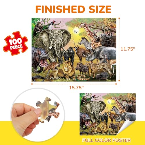 BenBen 2 Pack 100 piezas Puzzles para niños de 4 a 6 años, Animales del bosque y safari | Rompecabezas grueso para niños de 3 a 5 años, actividad educativa sin pantalla para niños de 6 a 8 años, 15.75” x 11.75” miniatura 2