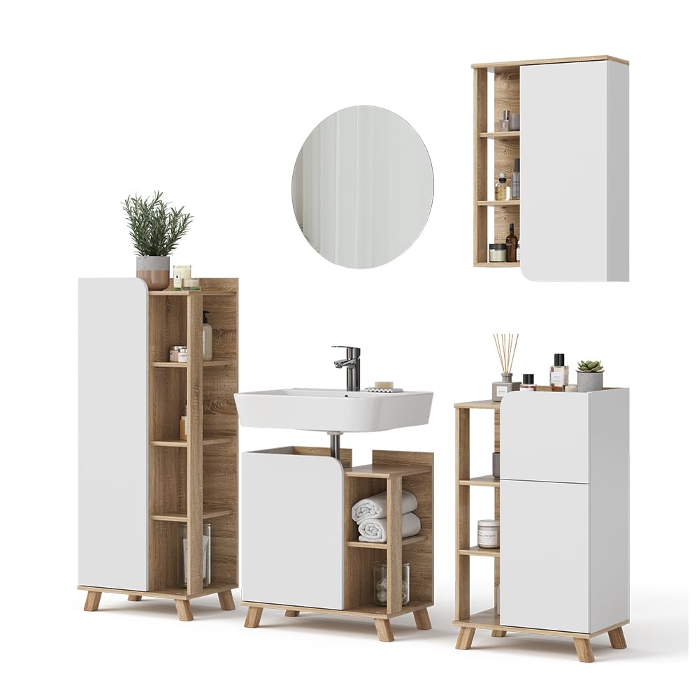 Vicco Set di mobili da bagno Karen, Sonoma/Bianco, 60 cm, composto da mobile lavabo, specchiera, armadietto, colonna e pensile