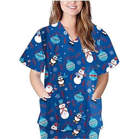 Women Nurse Scrub Top Christmas Scrub Shirt Nurse Working Uniform Christmas Costume Workwear Short Sleeve V-neck Tops (Dark Blue, XXL) Cover