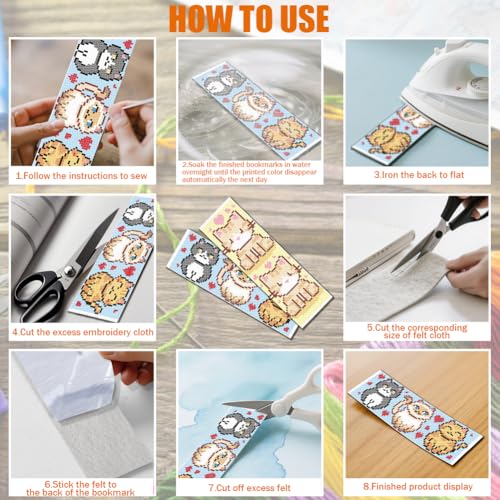 Image of FREEBLOSS 6 Set Cross Stitch Bookmark Kit 11 CT Stamped Cross Stitch Kit DIY Embroidery Bookmark Kits for Adult Beginners with Instructions, Little Cartoon Cat, 6 x 20 cm /8 inch x 2.4 inch