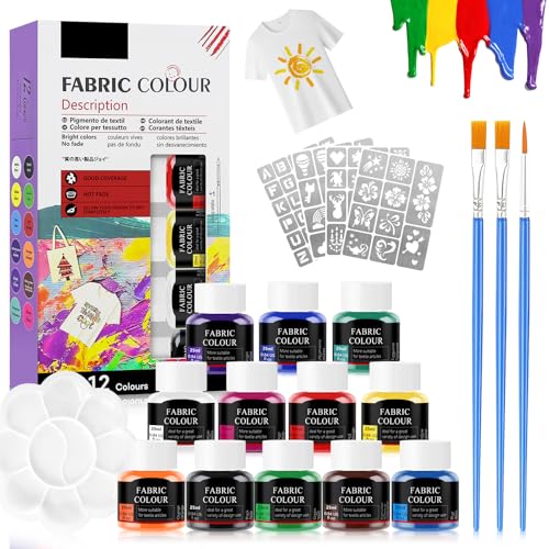 Pintura Textil Permanente y Lavable 12*25ml, Pintura de Tela, Pintura Textil, Fabric Paint, Pintura para Tela Permanente y Lavable, Adecuado para Pintar Sobre Diversos Tejidos, con 4PCS Plantillas