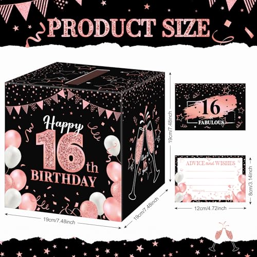 Image of Funrous 16th Birthday Party Message Card Box Cheers to 16 Years Black Rose Gold Advice and Wishes Greeting Card Box for Girls Women Sweet Sixteen Birthday Decorations Anniversary Tables Sign Decor