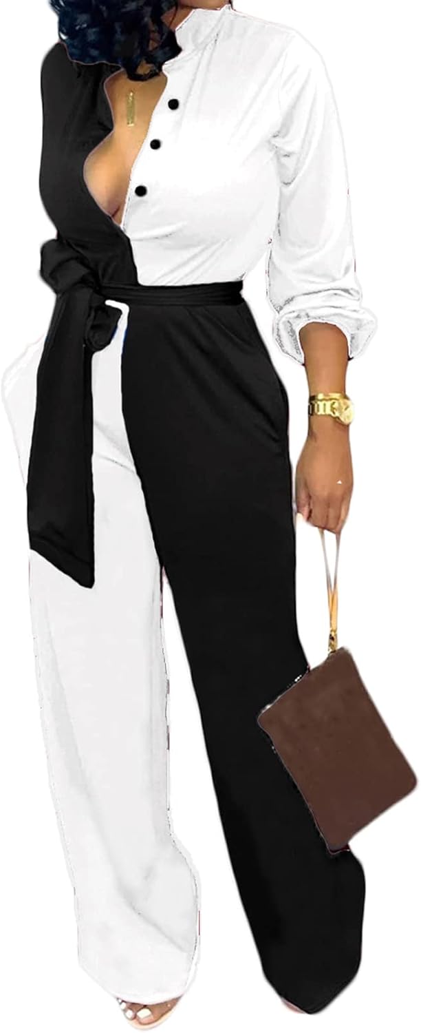 Xinlees Women Elegant Jumpsuits Casual V-neck Long Sleeve Stretchable Long Pants Rompers Button Pocketed Party Club - Image 2