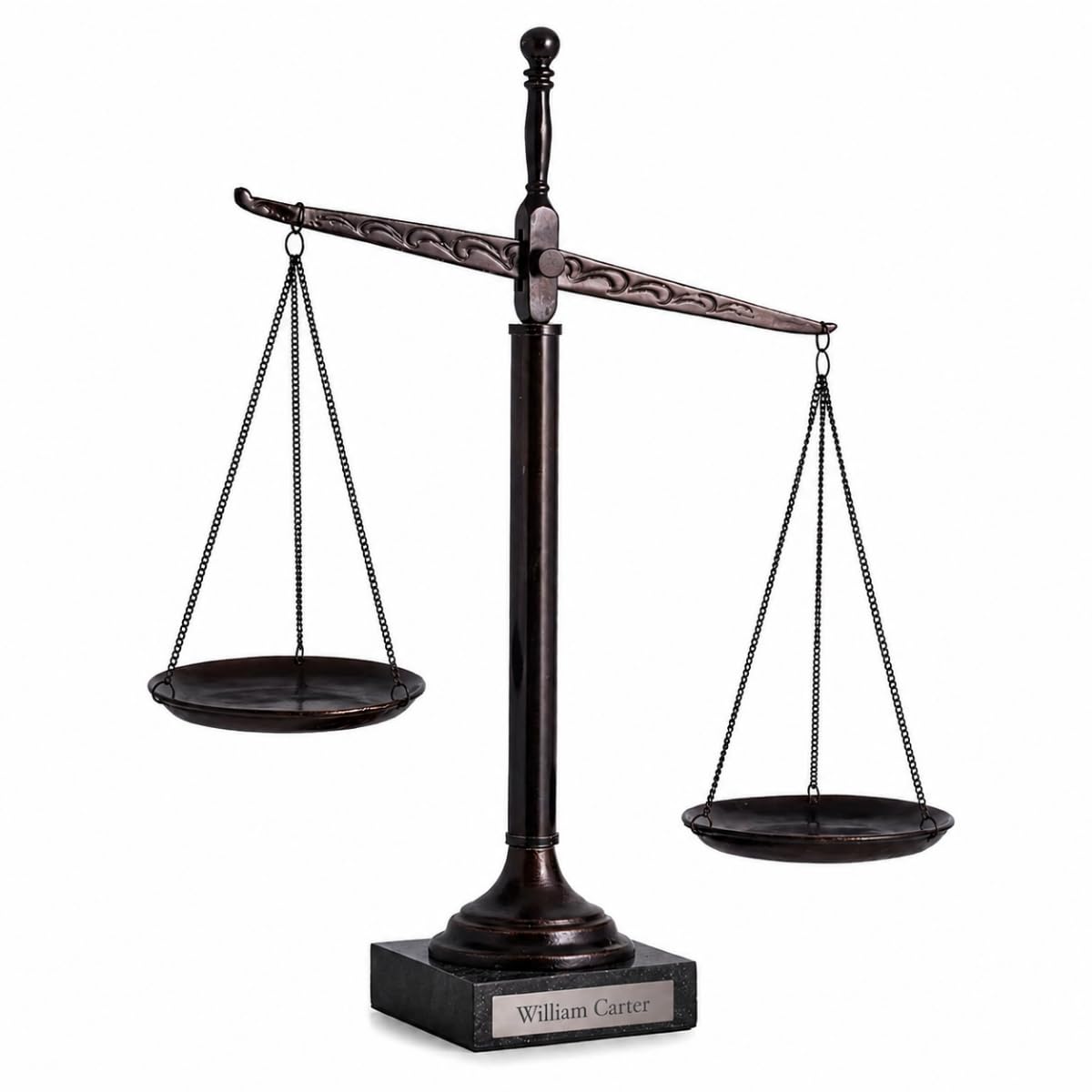 Bey-Berk Personalized “Find Your Balance” Justice Scale (Black), 16" Bronze-Finished Decorative Scale, Hand-Crafted Metal Cast on Marble Base