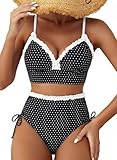 Herseas Women's Splice Ruffle Trim Black Supportive Bikini Sets Lace Up Side Swim Suits 2026 High Waisted Bathing Suits Tummy Control Casual Polka Dots Vacation Outfits Small