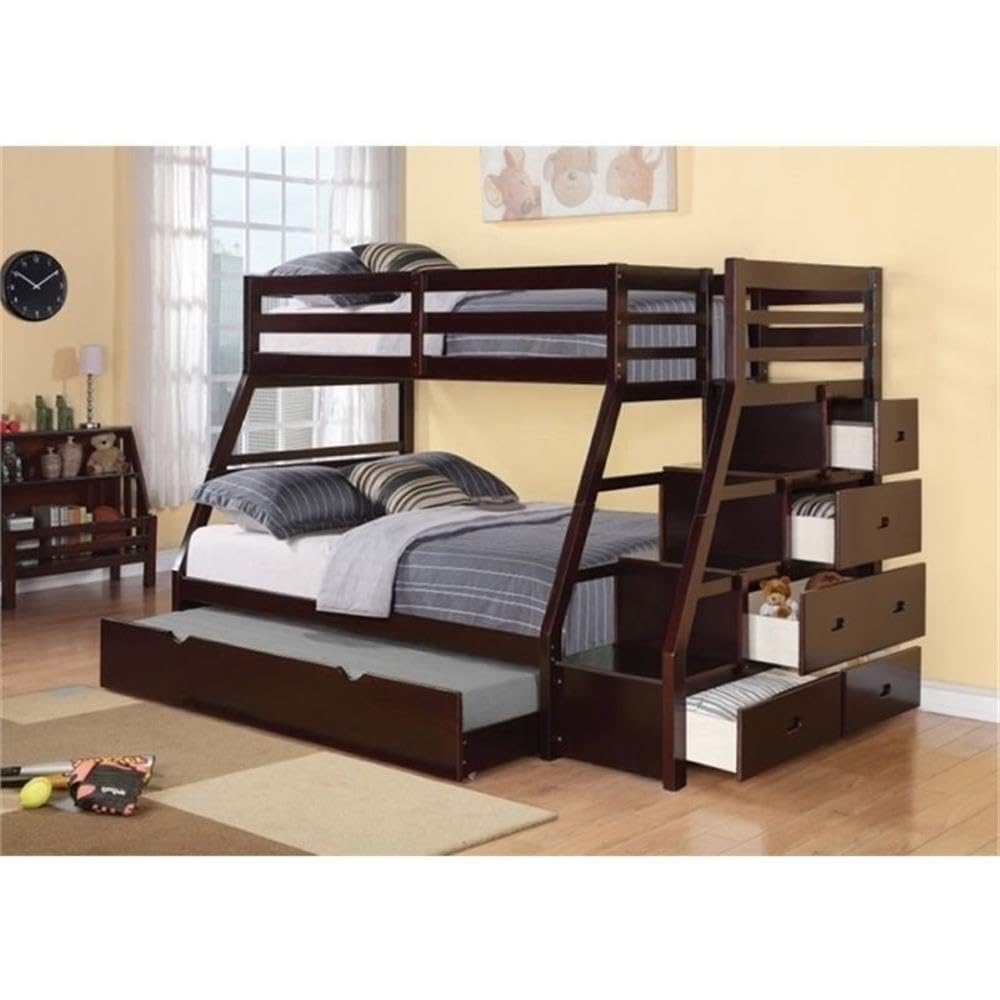 BOWERY HILL Contemporary Pine Wood Twin Over Full Storage Bunk Bed in Espresso