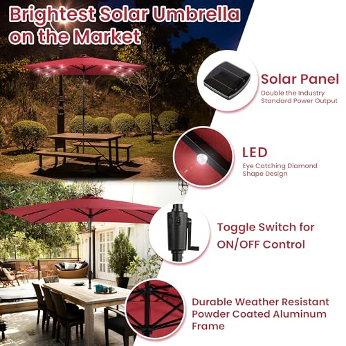 Sun-Ray 811025 9\'x7\' Rectangular 8-Rib Solar Patio Umbrella, 32 LED Lights, Crank and Tilt, Aluminum Frame, Scarlet/Red - Thumbnail 2