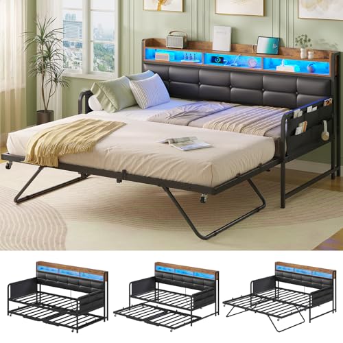 AOGLLATI Ausziehbares Schlafsofa 90/180×200 cm, Tagesbett mit Steckdosen & LED-Beleuchtung, Polsterbett mit Ausziehbares Rollbett & Stauraum Kopfteil,Funktionsbett/Bettsofa, PU,Schwarz (ohne Matratze) AOGLLATI Ausziehbares Schlafsofa 90/180×200 cm, Tagesbett mit Steckdosen & LED-Beleuchtung, Polsterbett mit Ausziehbares Rollbett & Stauraum Kopfteil,Funktionsbett/Bettsofa, PU,Schwarz (ohne Matratze)