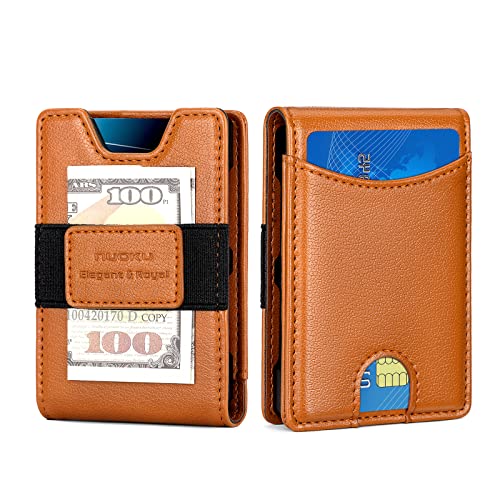 nuoku Slim Wallet for Men, Mens Wallet with Cash Strap, Bifold RFID Blocking Aluminum Credit Card Holder for Men (Brown)