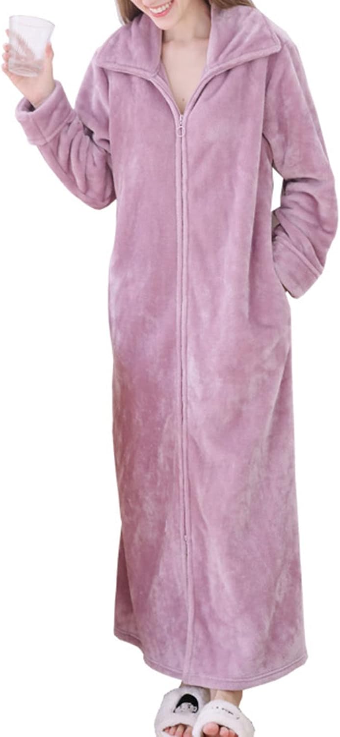 Women's Fleece Robe Plush Long Zip Front Bathrobe with Pockets Warm