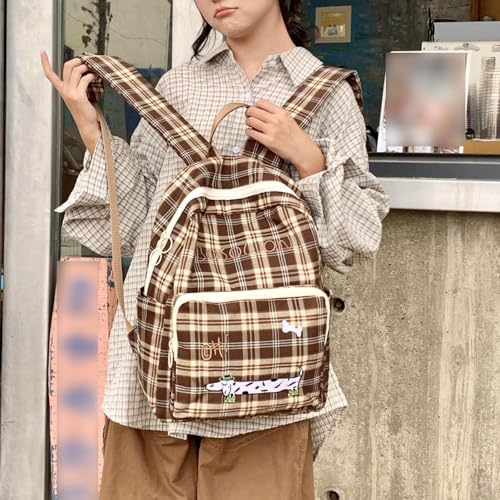 Teclado Kawaii Backpack Brown Plaid Cute Casual Bookbags Travel Daypacks (White)2