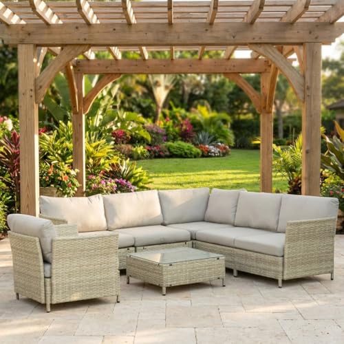 DecHome - Salotto da Giardino Esterno Set Mobili Divano Angolare 1 Poltrona e Tavolino con Cuscini in Rattan Pe Beige