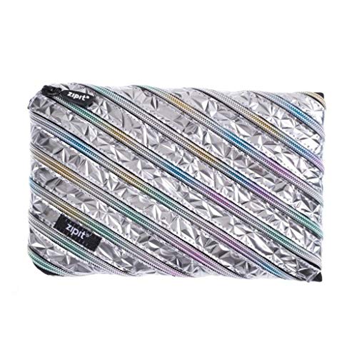 ZIPIT Estojo grande metálico para meninas, bolsa de grande capacidade, comporta até 60 canetas, feito de um zíper longo! (Arco prateado)