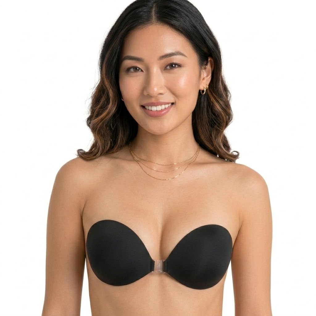 Sticky Push Up Bra for Women | Invisible Strapless Adhesive Bra | Reusable Backless Silicone Bra | Front Clasp Seamless Design | Size B | Black-picture-35