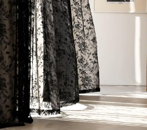 Image of Black Lace Curtains for Living-Room 84 inch Length, Fine Rose and Leaf Embroidered Light Filtering French Country Curtains for Bedroom, Vintage Delicate Floral Sheer Window Drapes 52 inch w Rod Pocket