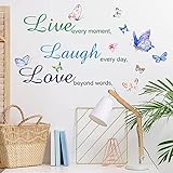 Colorful Live Laugh Love Art Quotes Wall Decals, Motivational Vinyl Sayings Words with Butterfly Wall Stickers, Removable DIY Wall Decor Sign Mural for Bedroom, Living Room, Home Decoration