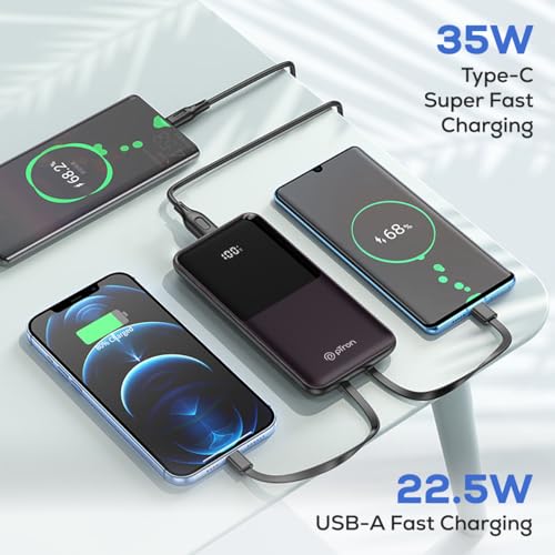 Image of pTron Dynamo Bolt 20000mAh 35W Super Fast Charging, USB Type-C Input Power Bank Compatible with QC3.0 /PD3.0 (Power Delivery),Built-in Charging Cables,4 Charging Outputs,Type-C Input /Output Port(Brown)