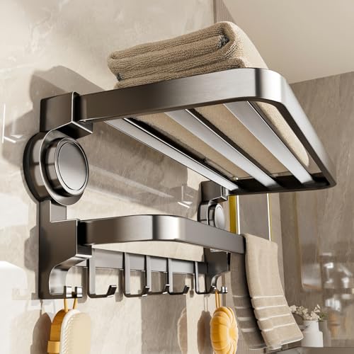 Matte Black Suction Cup Towel Shelf 40cm Foldable No-Drill Towel Rack Heavy Duty Wall-Mounted Organizer with Bar & 7 Hooks for Bathroom & Kitchen