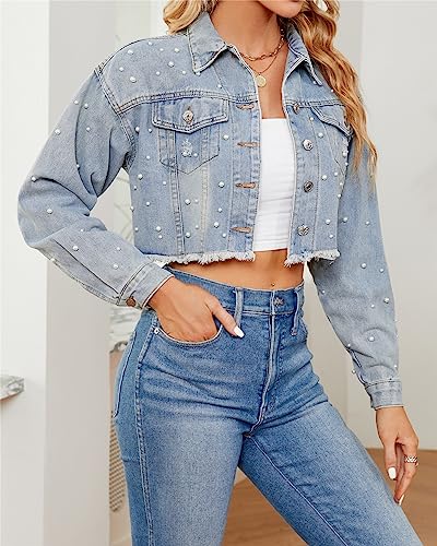 Women Cropped Rhinestones Denim Jacket Long Sleeve Distressed Pearl Jean Jacket Coats3