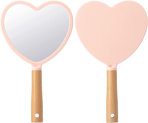 YEAKE Espejo de mano con asa para maquillaje pequeño y bonito espejo de mano de madera para afeitarse con agujero para colgar en un solo lado espejo