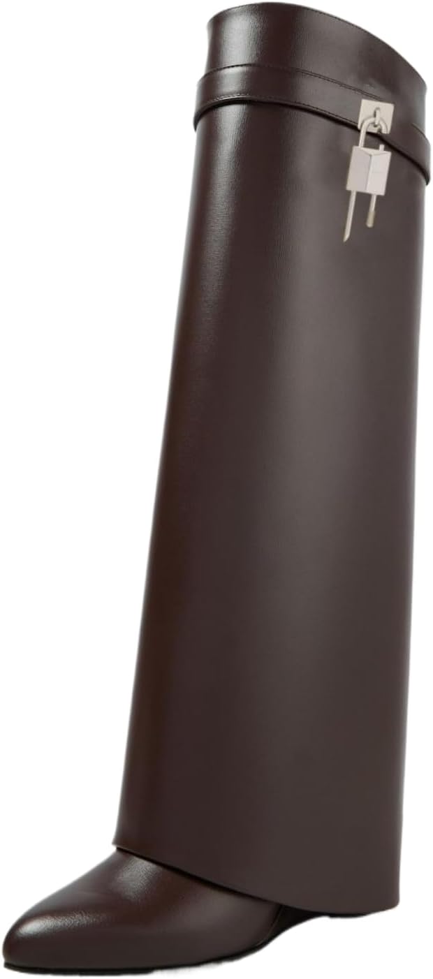 keleimusi Fold Over Wedge Boots Heeled PadLock Pant Knee High Shoes Tall/Short Booties in Black - Image 3