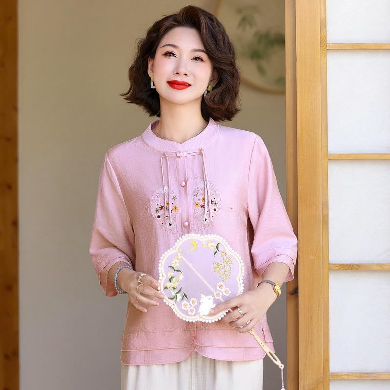 Women's Summer Casual Embroidered Mid-Sleeve Blouse Top