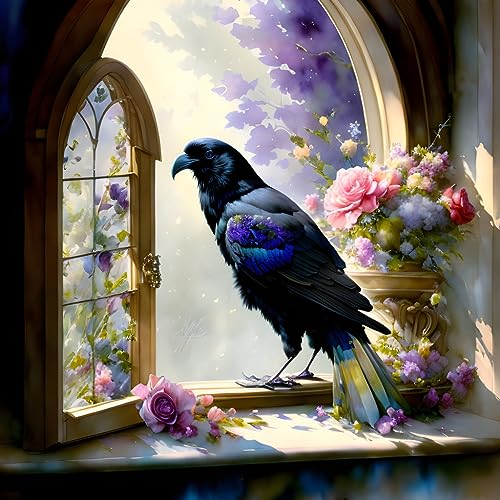 Bouquet romantique et corbeau peinture sur toile poétique 58x90