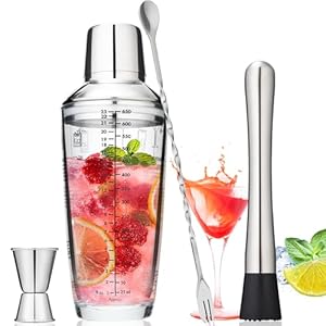 Tiawudi 23oz Glass Cocktail Shaker Set, 4PCS Bartender Kit, Martini Mixer Shaker with Built-in Strainer, Measuring Jigger, Cocktail Muddler & Mixing Spoon, Bar Tool Set for Bartender and Home Use