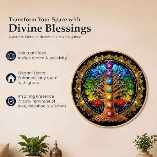 Image of PAINTINGMANTRA Chakra Tree of Life Round Wall Art Painting With Frame For Living Room | 7 Chakra Vastu Decor Framed Painting | Spiritual Round Wall Hanging for Home, Meditation Room & Gifting, 16 Inch