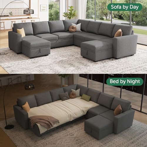 Image of HONBAY Modular Sectional Sleeper Sofa with Pull Out Couch, Oversized U Shaped Sleeper Pull Out Bed with Storage Sectional Couches for Living Room - Dark Grey