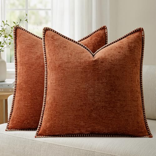 Image of a moment Pack of 2 Decorative Chenille Throw Pillow Covers with Twill Cushion Covers for Sofa Living Room Couch Bed 18x18 Inch,Crafted Border Rust