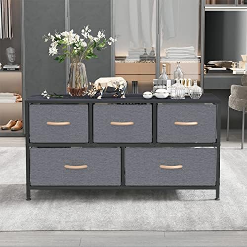 Gernian Chest of Drawers, Fabric Drawers, Organizer Unit for Bedroom, Hallway, Entryway, Living Room, Sturdy Steel Frame, Easy to Assemble, Dresser with 5 Drawers (Dark Grey)