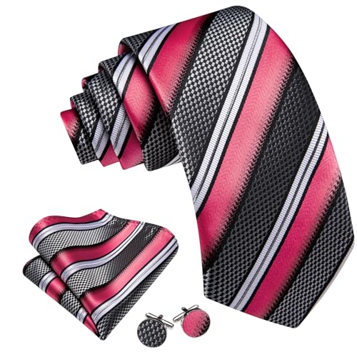 Image of Barry.Wang Tie Sets for Men Silk Stripe Necktie Woven Checkered Handkerchief Cufflinks Formal Business Wedding