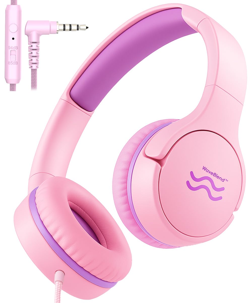 Kinder-Kopfhörer mit Kabel – kabelgebundene Kopfhörer für Kinder, Lautstärke begrenzt für sicheres Hören, bequem und langlebig, 3,6-mm-Klinkenstecker für Schule, Tablet, Reisen, Rosa/Lila