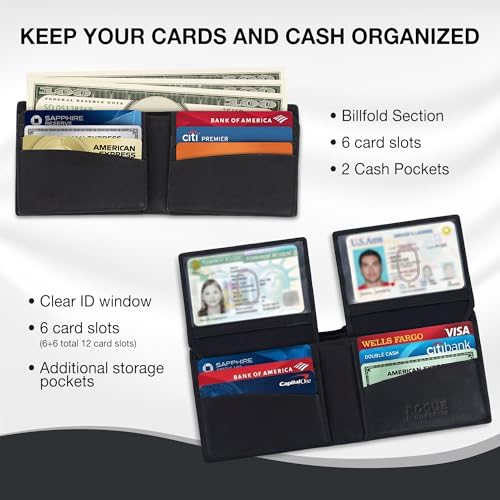 Image of ROGUE WALLET Mens Leather RFID Blocking Wallet for Men - Genuine Top Grain Cow Leather Bifold, 12 Credit Card Slots, 2 ID Windows, Traditional Hip Pocket Billfold - Secure RFID Protection (Black)