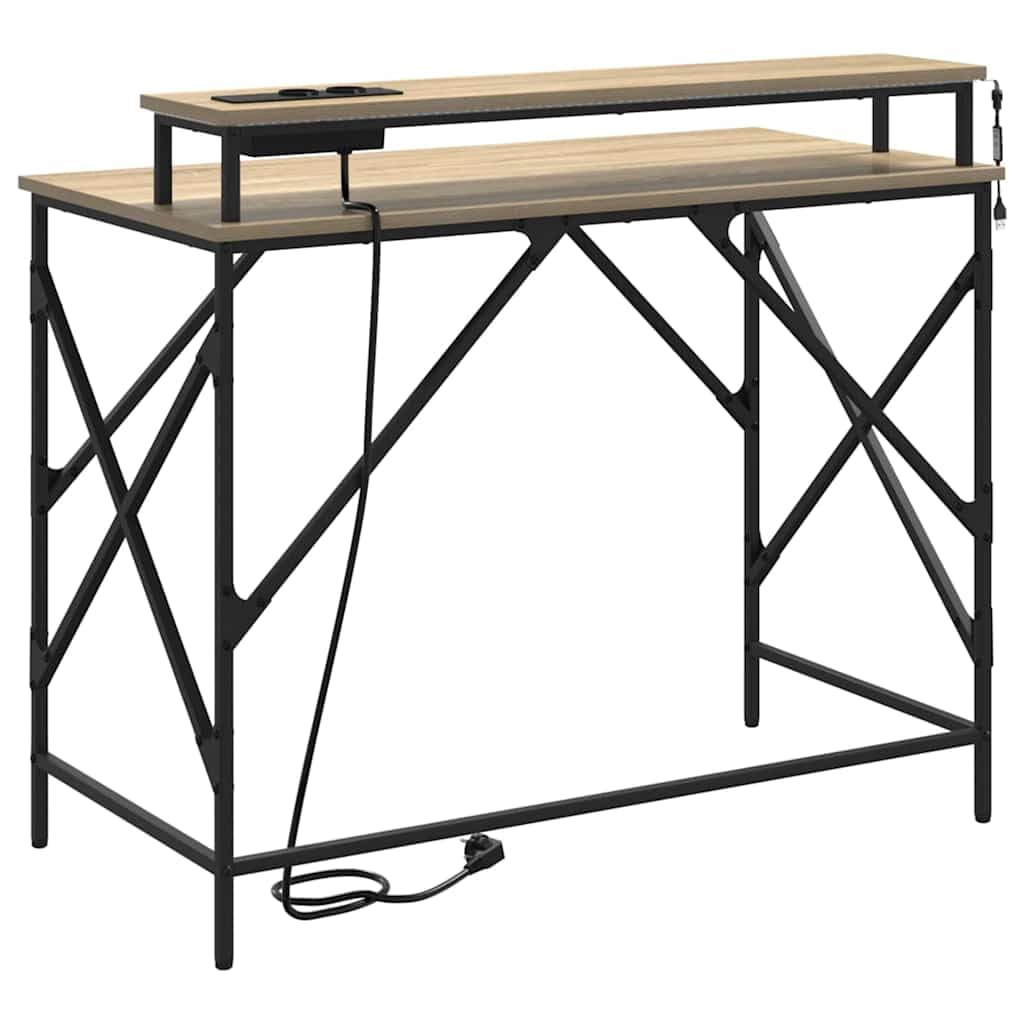 Scrivania 100 x 50 cm rovere Sonoma con LED RGB tavolo da gioco in legno e telaio in acciaio, piccolo computer desk moderno da ufficio con stazione di ricarica per casa, ufficio, camera dei