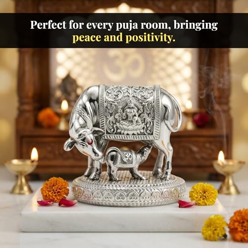 Image of 999 Pure Silver Plated Kamdhenu Cow Idol - 3.5 Inch Auspicious Vastu Home Decor for Pooja Room and Mandir - Sacred Symbol of Prosperity, Abundance and Luck - Ideal Religious