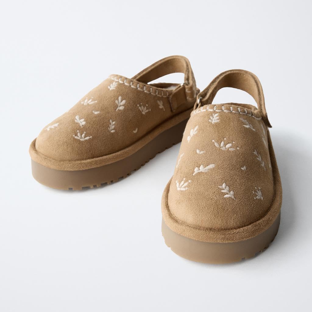 Women's Cozy Fur Embroidered Platform Clogs with Slingback Strap Mules Comfortable Casual Shoes