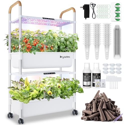 Indoor Hydroponic Growing System with 54 Pods Herbs Garden Kit with 30W Led Grow Light Large Movable 2-Layer Floor-Standing Hydroponic Gardening System for Vegetable Fruit